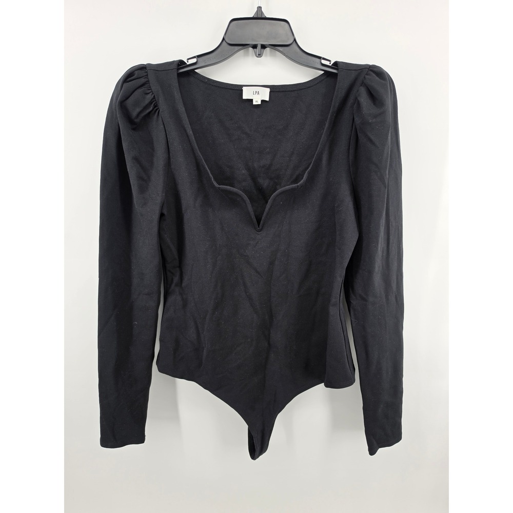 LPA Structured Sweetheart Bodysuit Black Puff Sleeve XL